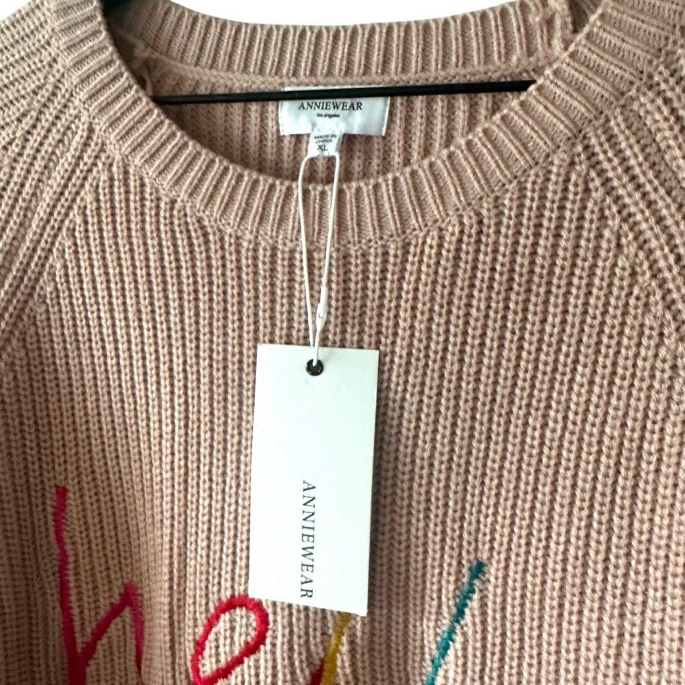 AnnieWear Pink Knit Sweater “Hello” Graphic Pullover Rainbow Letters - Picture 6 of 10